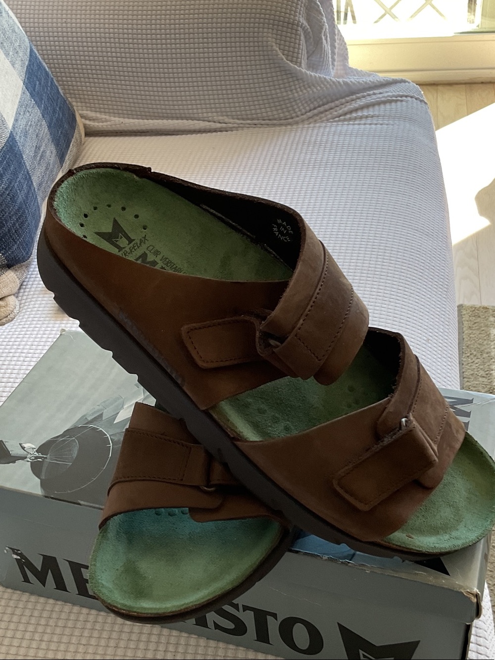Mephisto Brown Leather Slide Sandals with Green Footbed